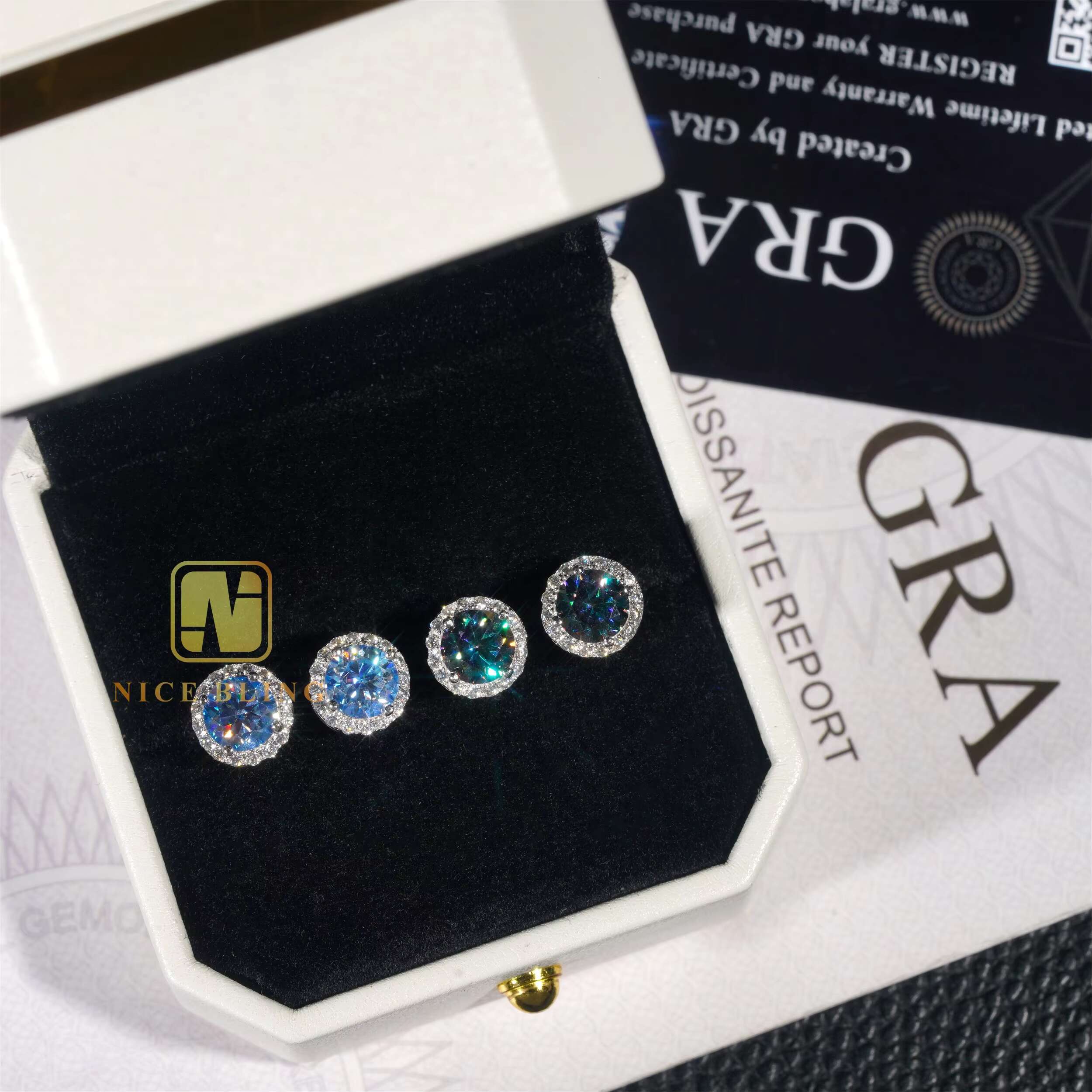 Ready to Ship Popular Moissanite Diamond Halo Earrings Men Women Hip Hop Jewelry 925 Silver Colorful Diamond Ear Studs