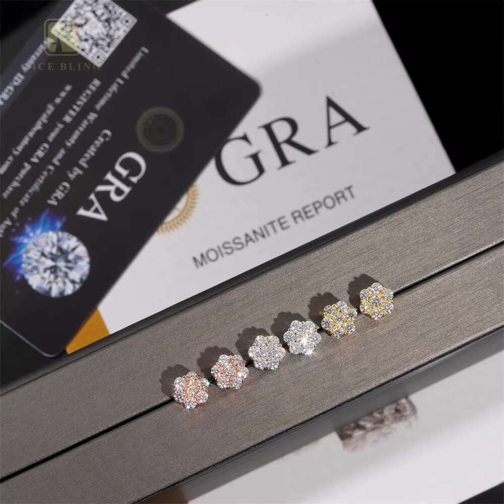 Pass Diamond Tester Flower Design Ice Out VVS Moissanite Stud Earring 925 Sterling Silver Diamond Ear Studs for Men Women
