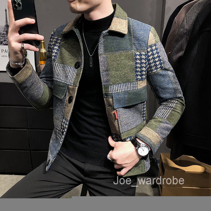 Mens Jackets Hombre Korean Casual Men Stitching Slim Fashion Warm Longsleeved Plaid Gentleman Pockets Coat S3XL