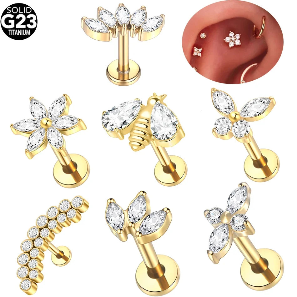 1pcs Piercing Cross Flower Stud Earring Internally Threaded Cubic Zircon Tragus Helix Piercing Body Jewelry 250624