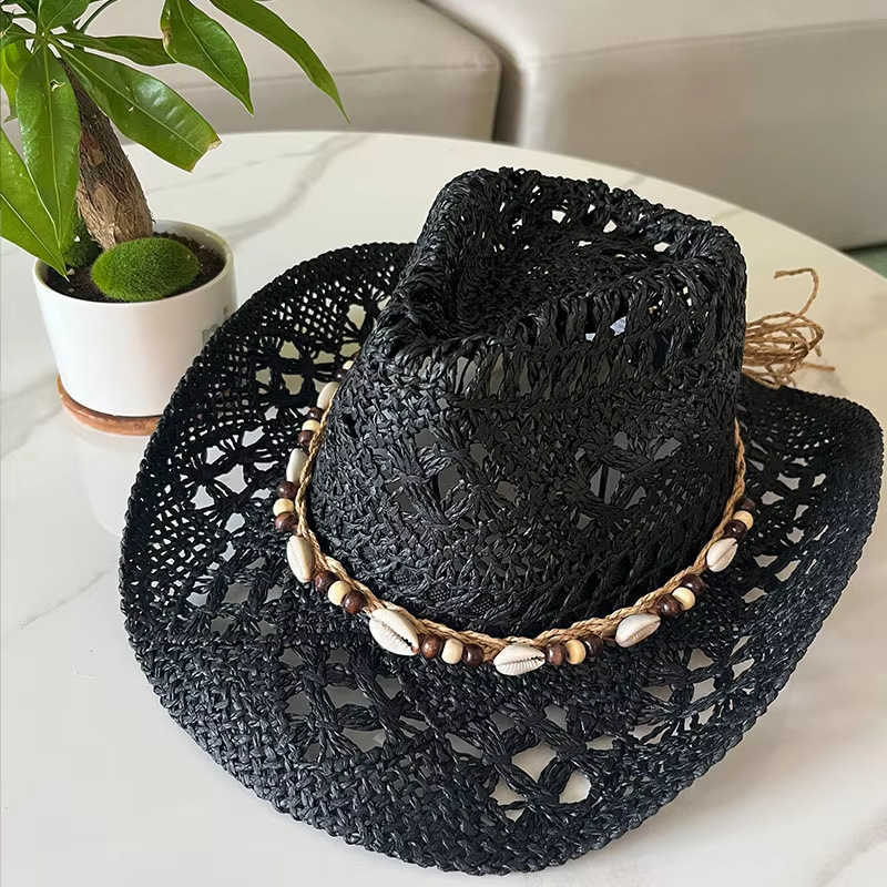 Cowboy hat fashion hollow handmade cowboy straw hat mens summer outdoor travel beach hat unisex solid color western cowboy hat X250329
