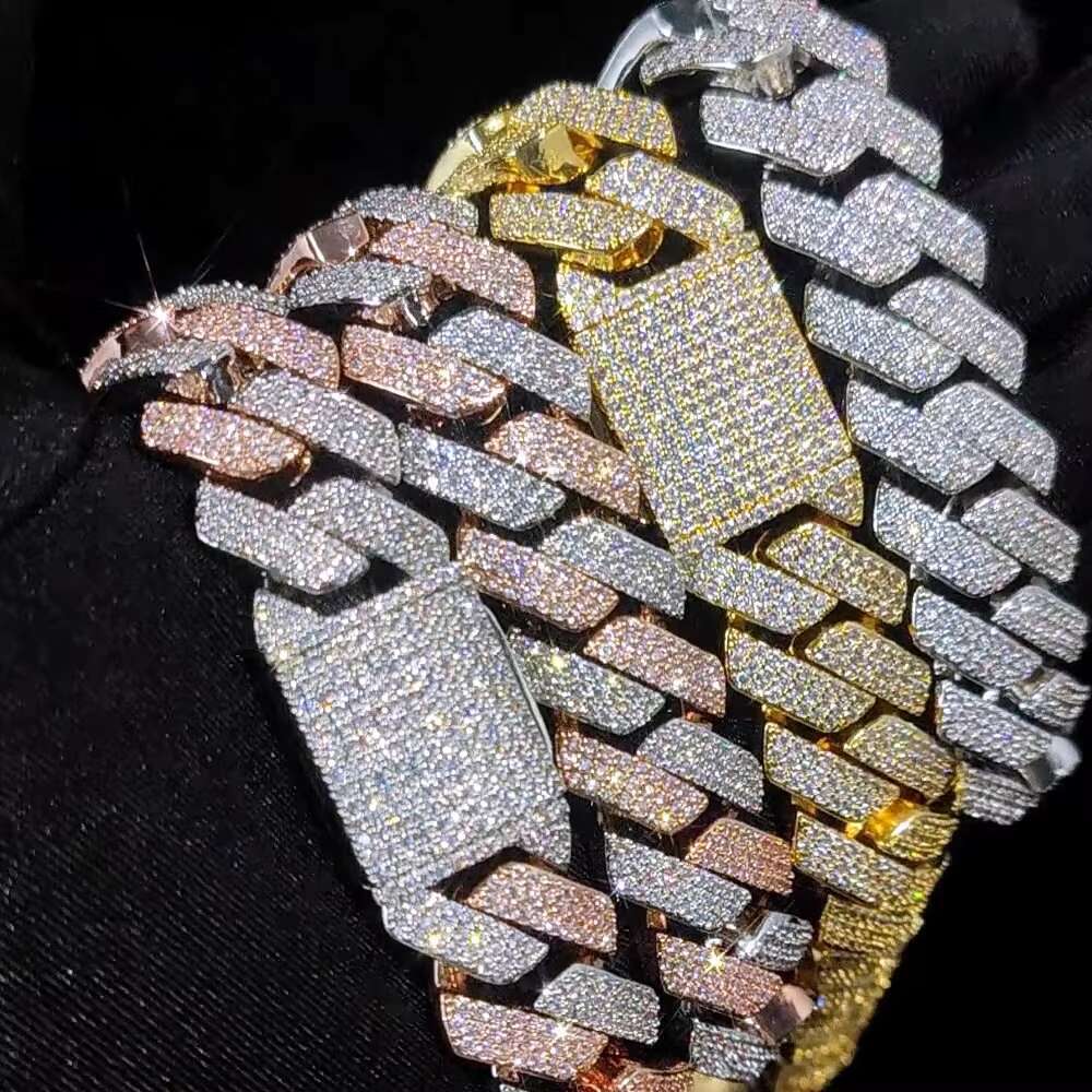 16mm Pink Silver Gold Plated Cuban Link Brass Chain Hip Hop Iced Out Diamond Bracelet Necklace Fine Jewelry for Men and Women