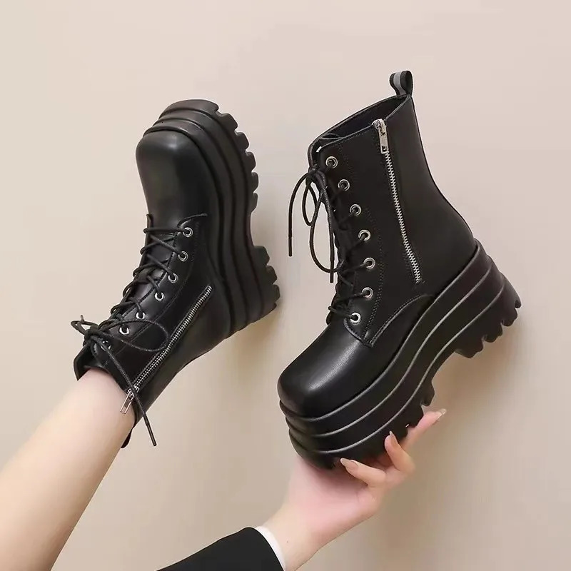 Chunky Platform Black Ankle Boots Women Shoes Spring Autumn Pu Leather Booties Mujer Punk Thick Bottom Motorcycle Boots 250625