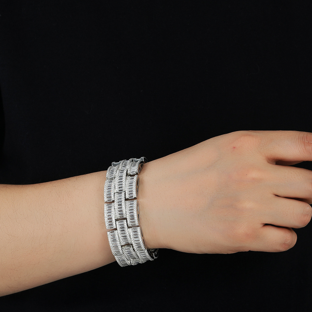 25MM Wide Spring Clasp Watch Chain Bracelet - T-Square Iced Out Moissanite Trendy Bold Niche Men's Jewelry Pass the diamond tester