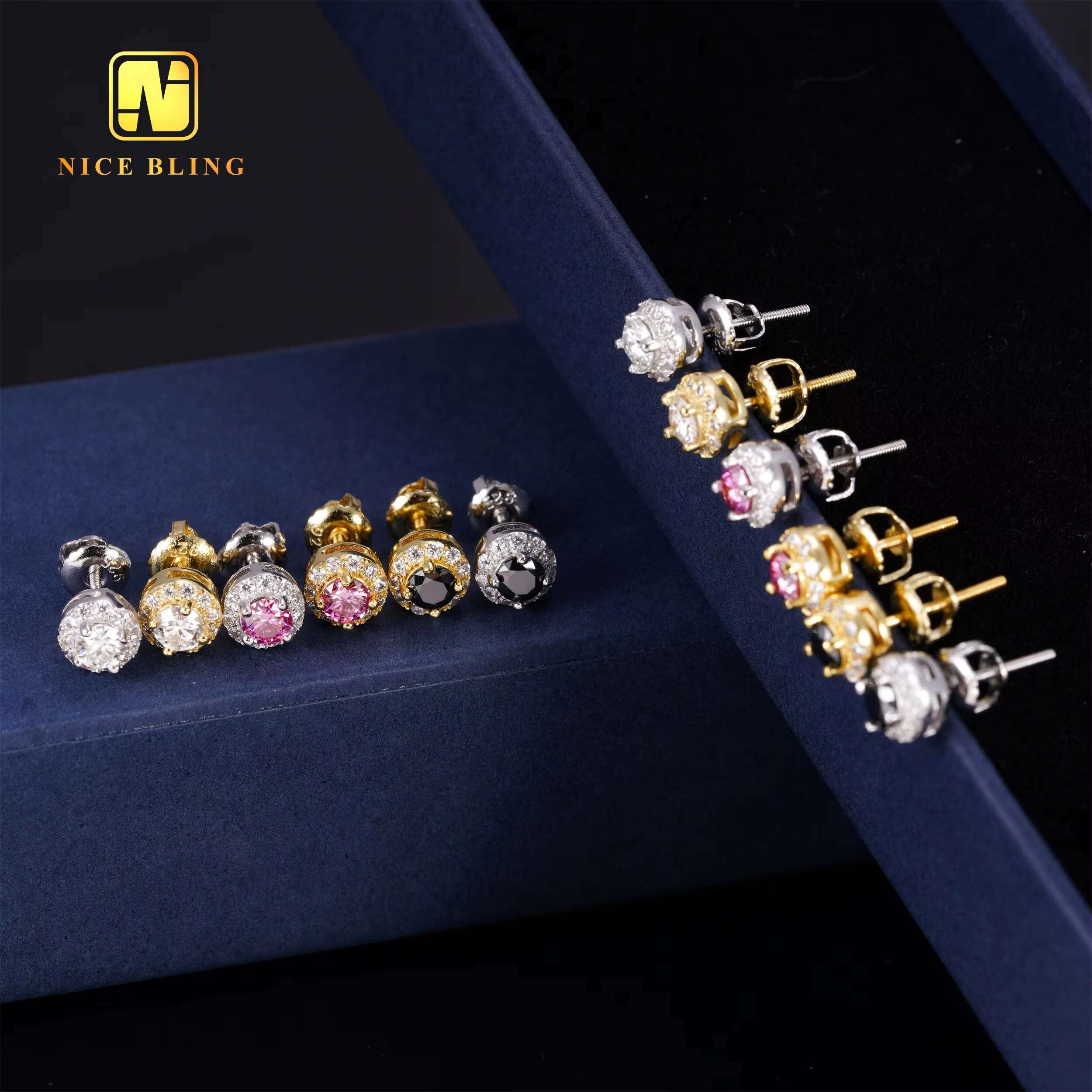 Ready to Ship Popular Moissanite Diamond Halo Earrings Men Women Hip Hop Jewelry 925 Silver Colorful Diamond Ear Studs