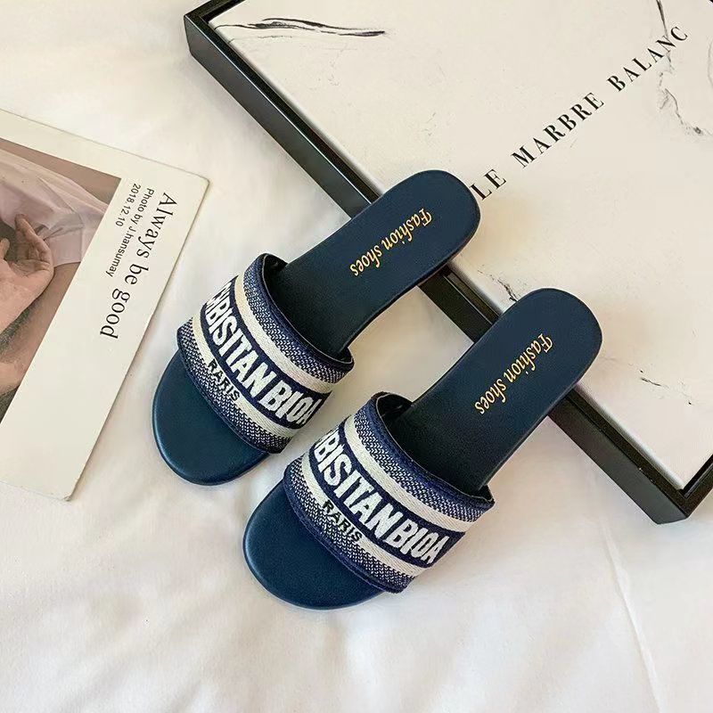 hot designer slippers flat slides for womens sandals girl blue pink fashion embroidery slipper outdoor shoes size 35-42 0010