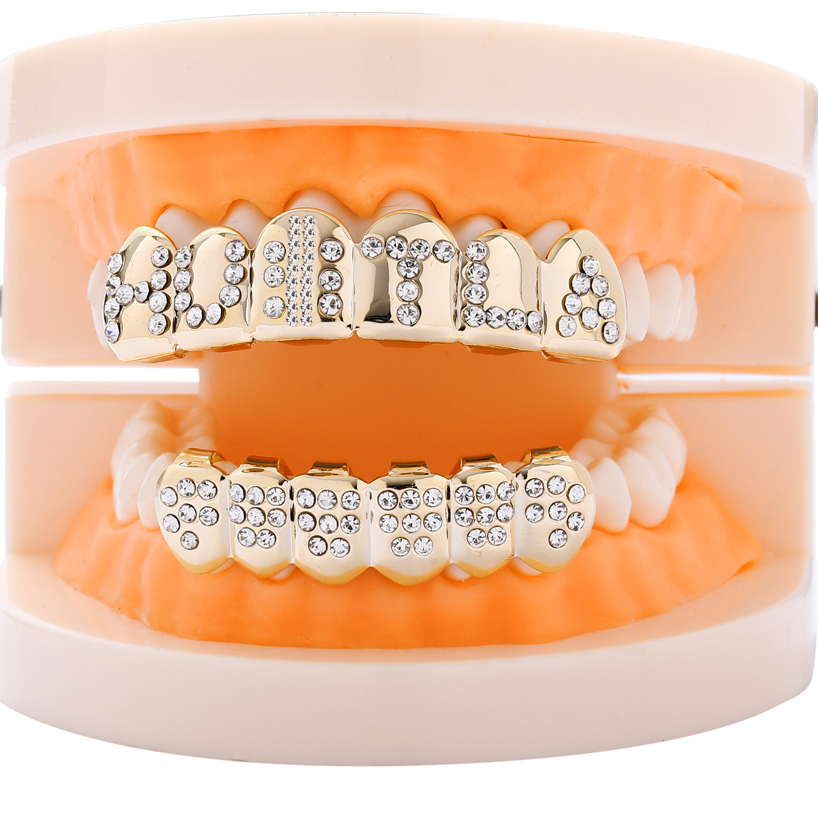18K Gold Iced Out Lettered Diamond Grillz Vampire Fake Teeth Luxury Halloween Accessory