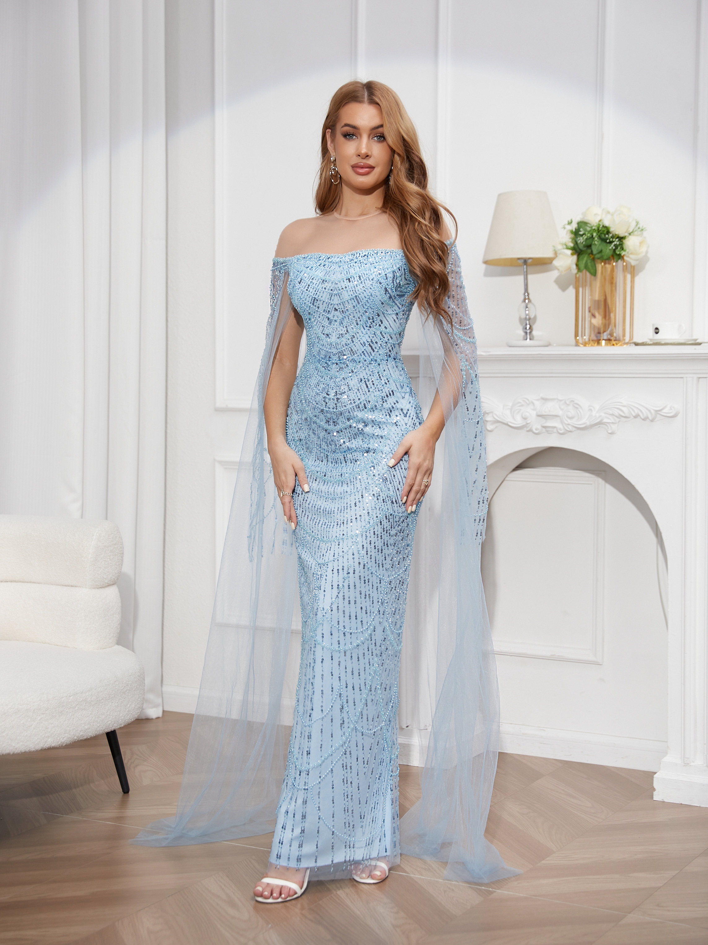 Prom dress trailing skirt chest fashion beaded perspective sexy slim split dress elegant tulle long sleeve dress prom dress blue bridesmaid dress