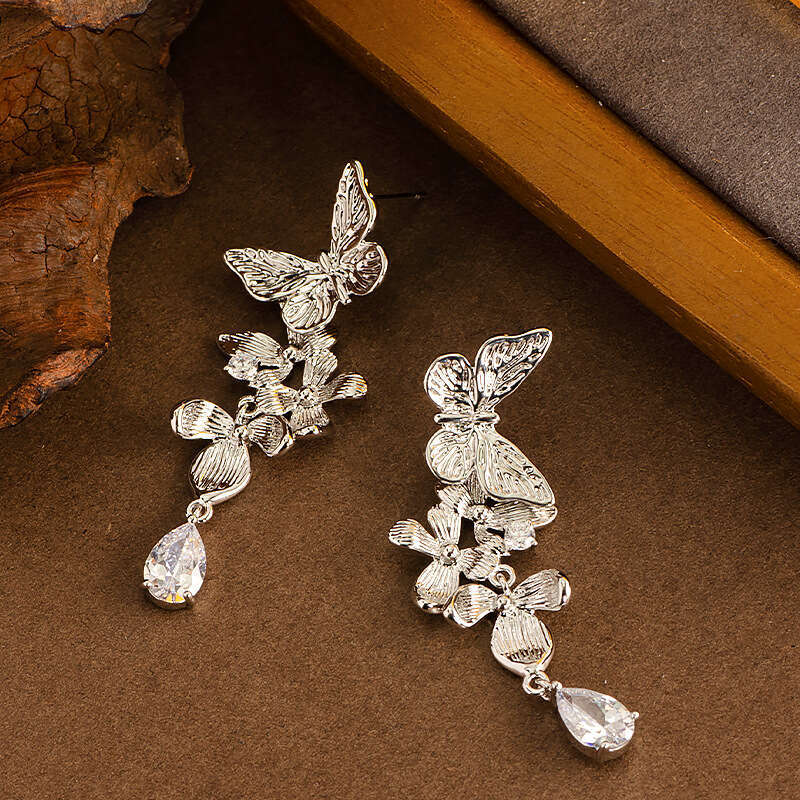 Unique Exquisite Design Long Butterfly Flower Tassel Earrings for Women Light High-end Sense Face Slimming Sier Needle Ear Jewelry - view 4