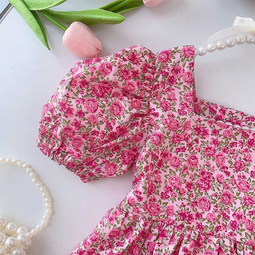 Summer New Girls Casual Floral Print Puff Sleeve Square Neck Princess Dress 1 Pc 3-7 Years Children Fashion Sweet Clothing R250707