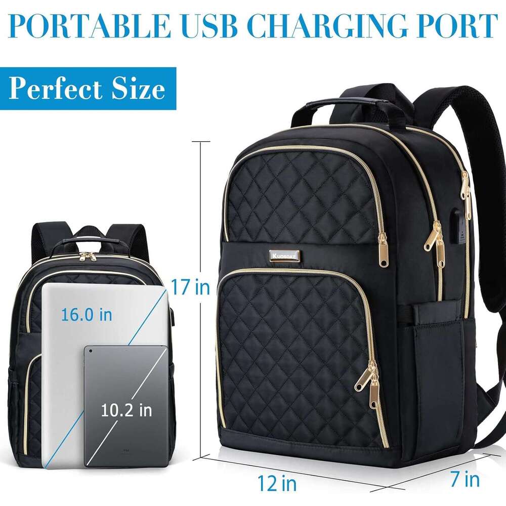 Kuosdaz Backpacks Women, Teen Girls, 15.6 Inch Cute Quilted Laptop Backpack with USB Charging, Large Bookbag for Middle School College Students, Black