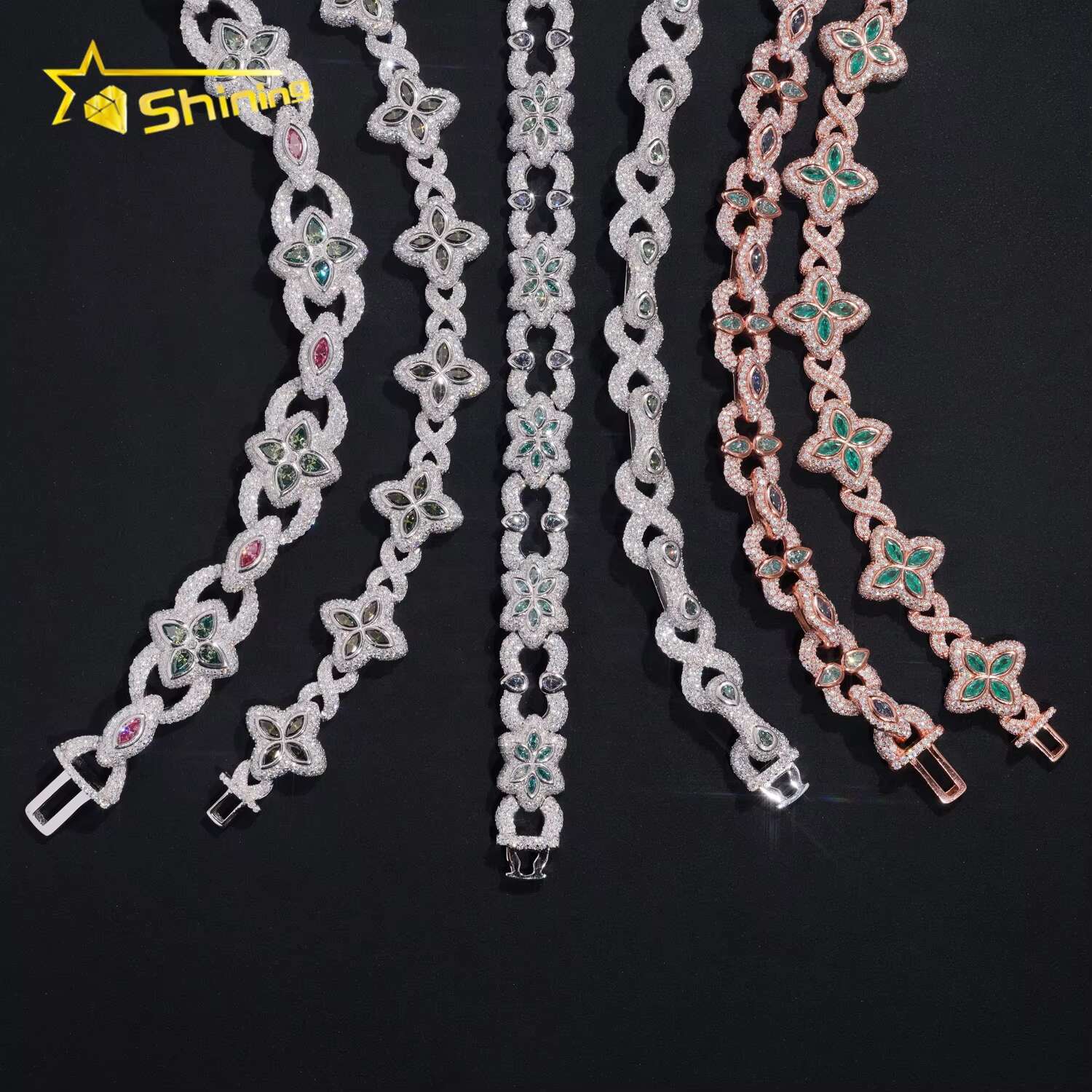 Fancy Shape Hip Hop Color Diamond 925 Silver Flower Iced Out Moissanite Infinity Link Bracelet