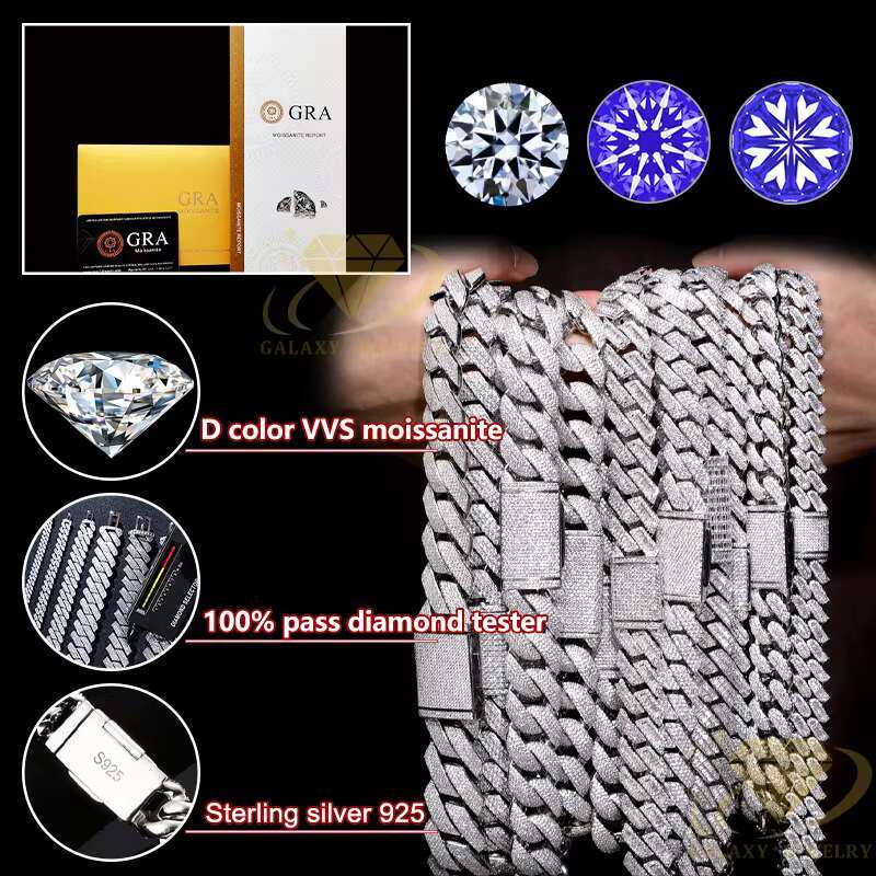16MM Fashion Jewelry Diamond Chain 925 Silver D VVS Moissanite Chain Link Cuban With GRA Certificate For Man