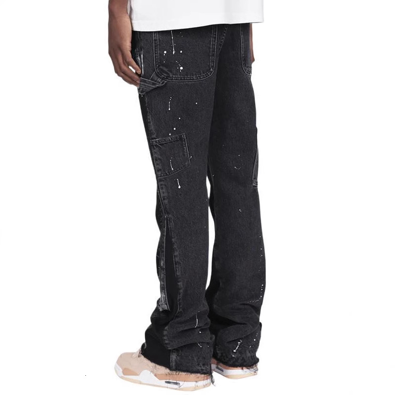 Designer Men's Jeans, Work Pants, Fashionable Retro, Elastic Patchwork Denim, Layered Flared Pants, Loose Casual Pants, Work Pants, Black Pants