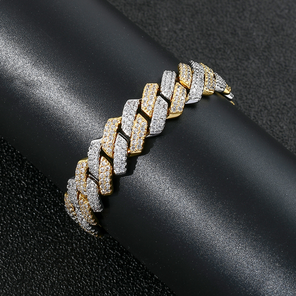 14mm Iced Out Luxury Bar Shaped Cuban Link Chain Moissanite Bling Men's Bracelet Platinum Real Gold Two Tone Pass the diamond tester