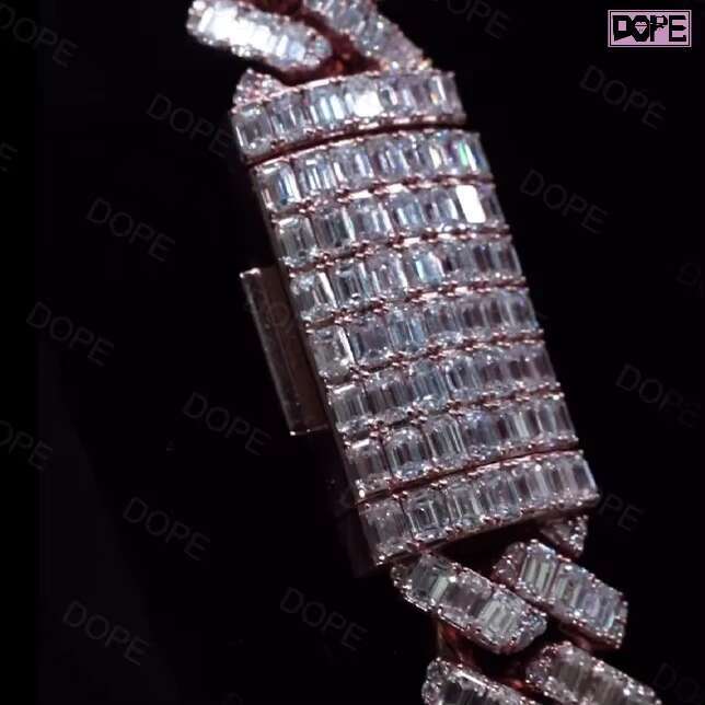 Luxury Moissanite Cuban Chain 18mm Rose Gold Emerald Cut 925 Sterling Silver Moissanite Cuban Link Chain