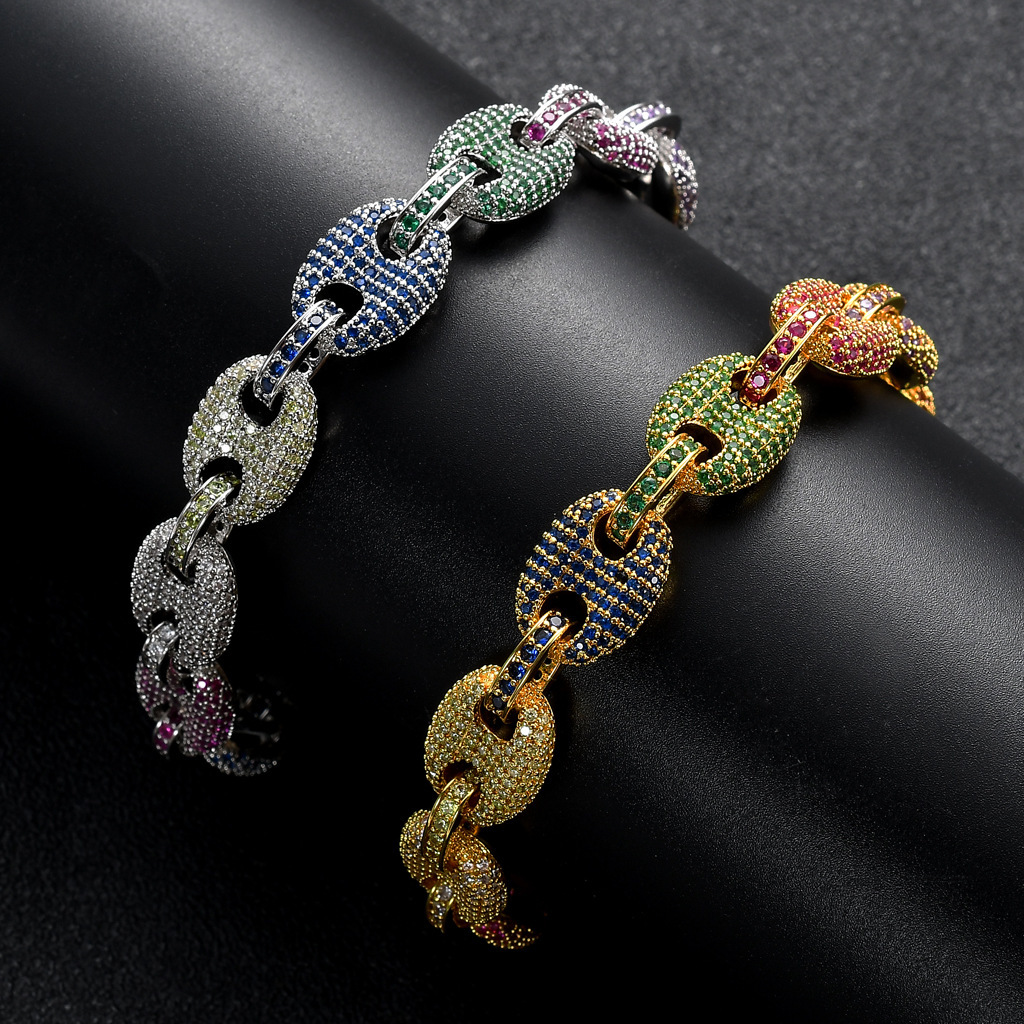 Iced Out Bling Colorful Moissanite Pig Nose Chain Cuban Link Fully Iced Real Gold Plated Men's Hip Hop Jewelry Statement Piece Pass the diamond t