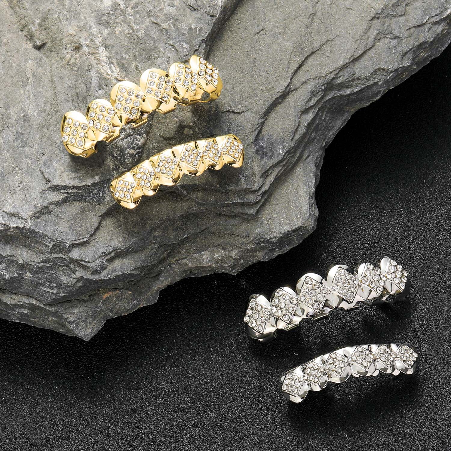 18k gold plated rhombus iced out 6-tooth vampire hip hop grillz premium fashion halloween accessories Pass the diamond tester
