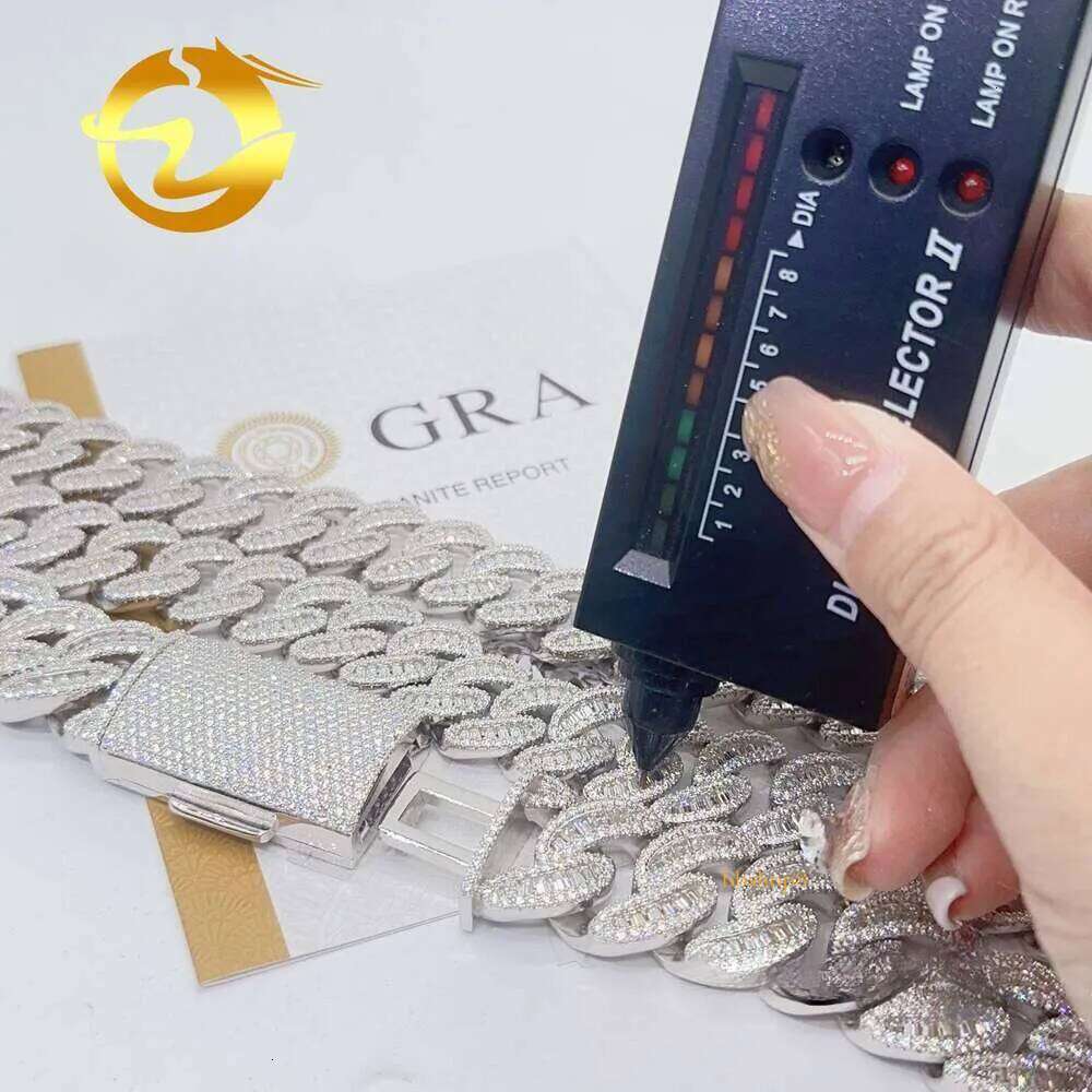 moissanite cuban link chain 22mm Moon Shape Baguette Ice Out Sterling Sier Miami Chain Necklace