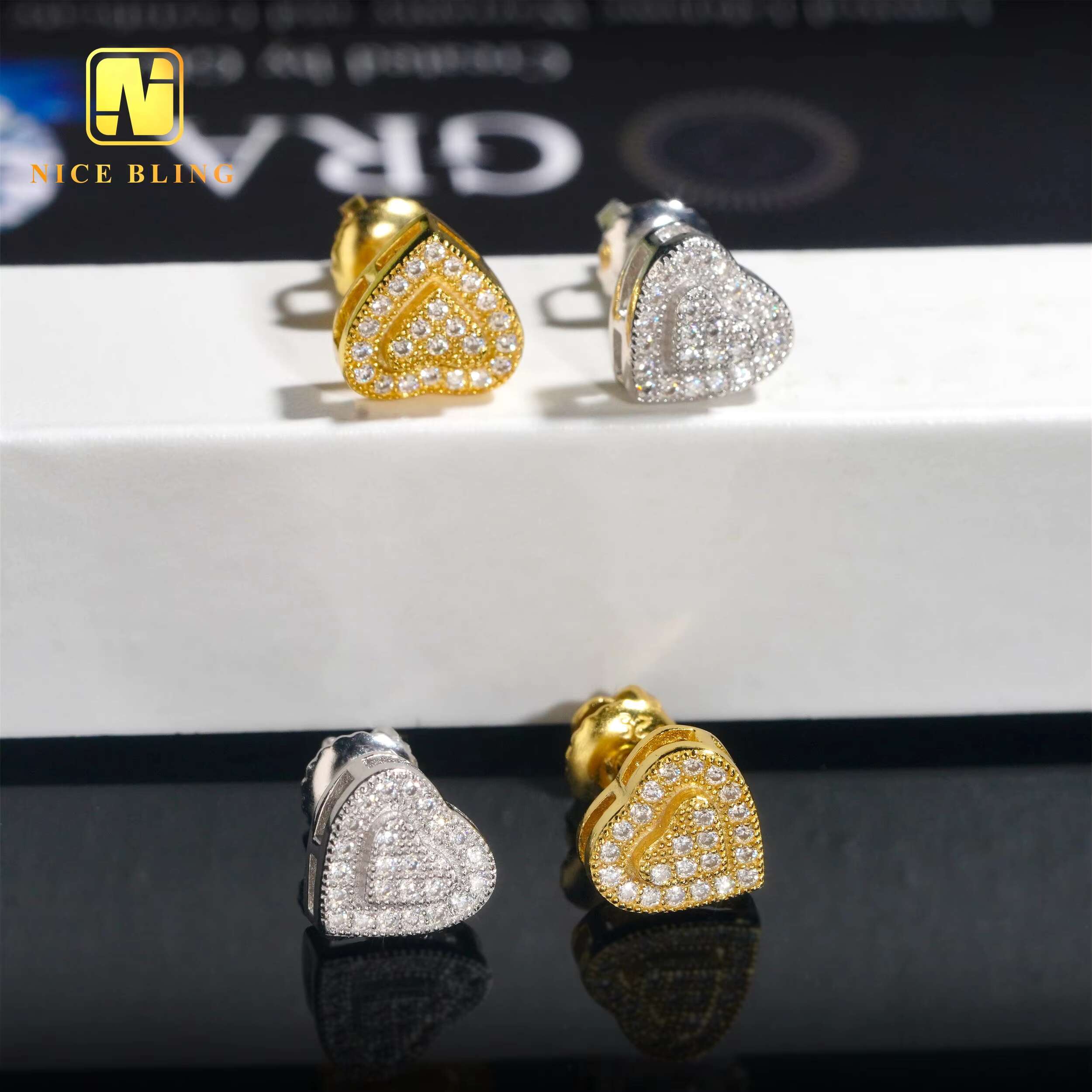 Screw Back Earrings 18K Gold Plated Heart Shape Ear Studs Fine Jewelry Hip Hop Silver Moissanite Diamond Earrings for Men Women