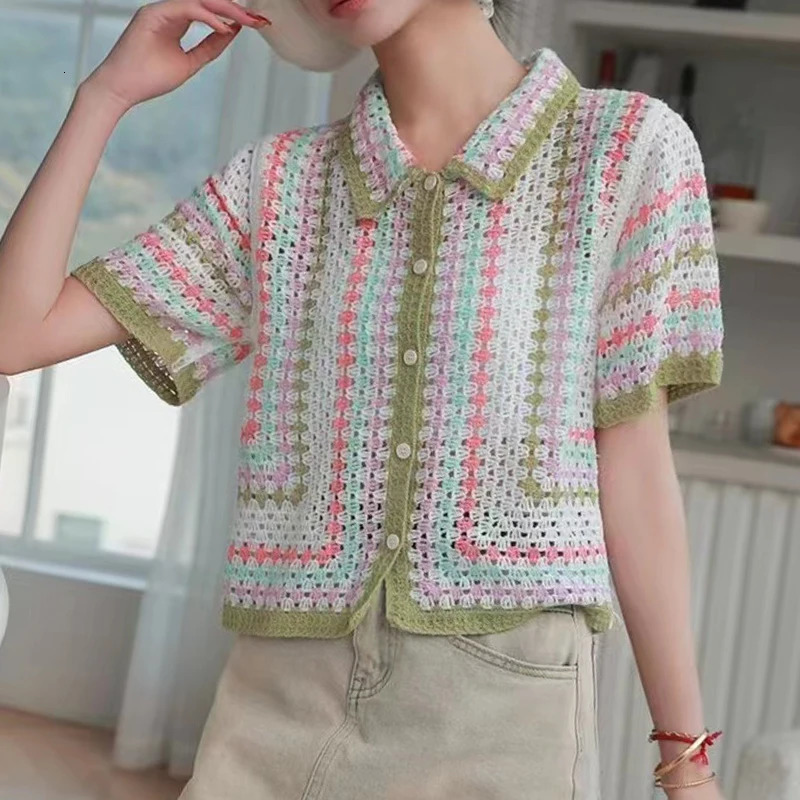 Breezy Striped Crochet Shirt Collored Button-down Short Sleeve Open-knit Shirts Blouses Women Teen-girl Summer Boho Beach Outfit 250627