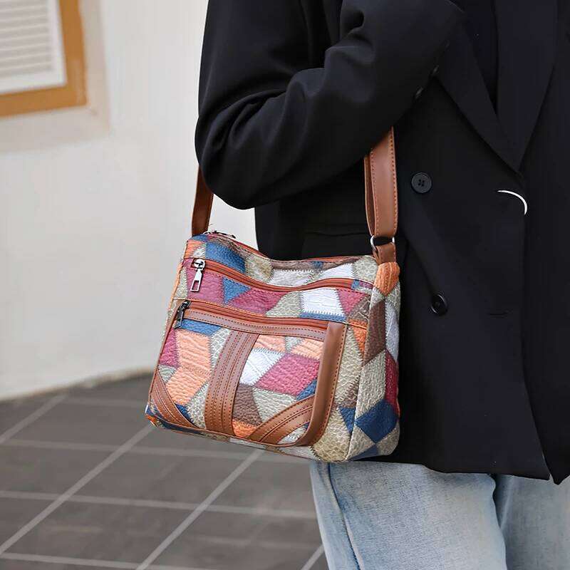 Neutral style men's and women's casual shoulder PU leather patchwork, crossbody bag, simple design