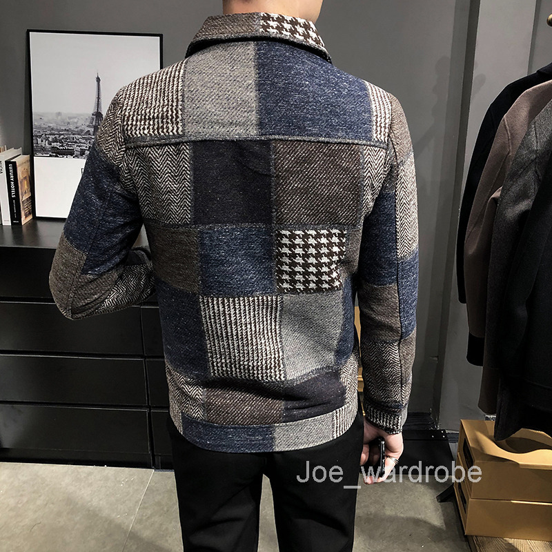 Mens Jackets Hombre Korean Casual Men Stitching Slim Fashion Warm Longsleeved Plaid Gentleman Pockets Coat S3XL