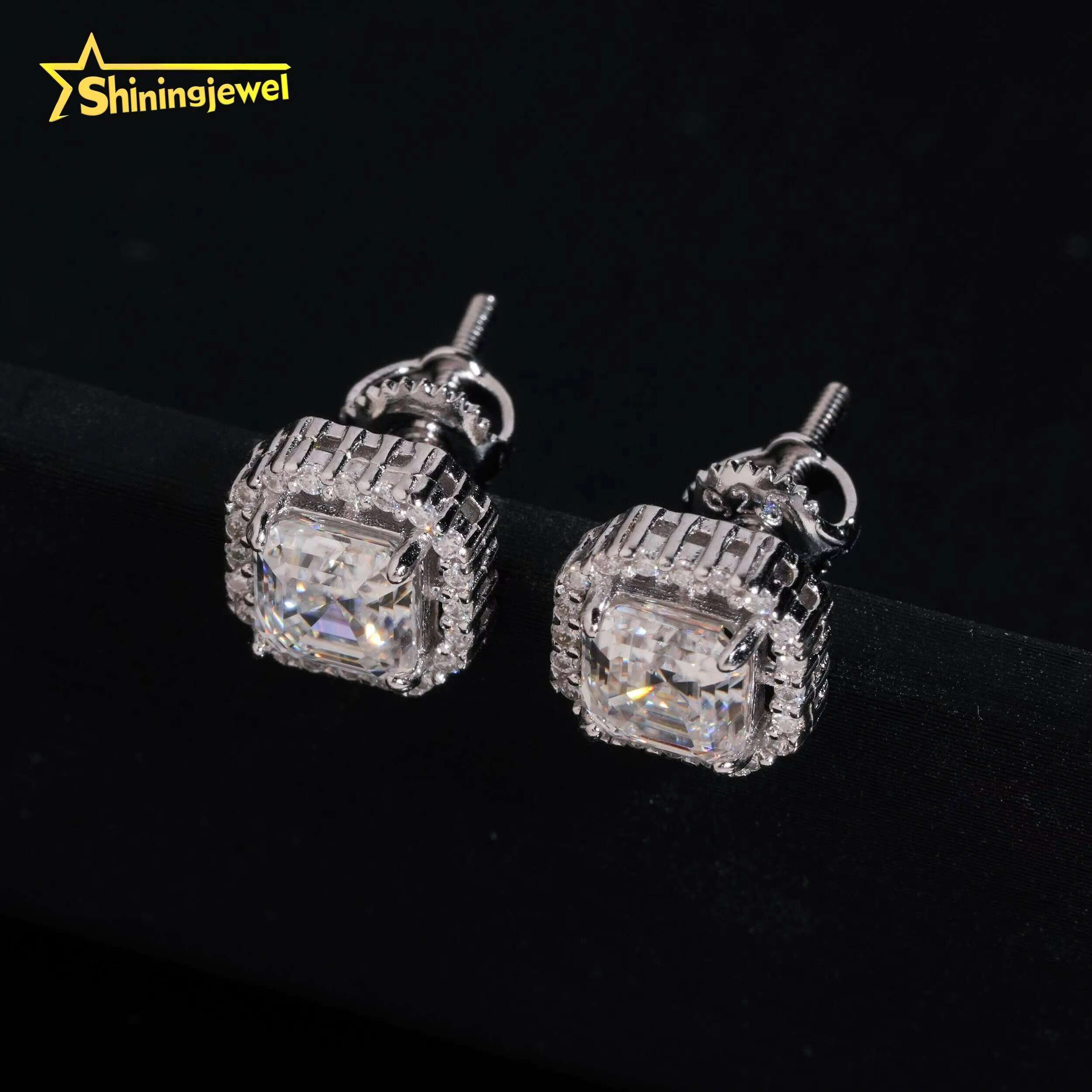 GRA Certified Hip Hop Moissanite Diamond Asscher Cut 5*5mm Halo Square 925 Sterling Silver Earrings