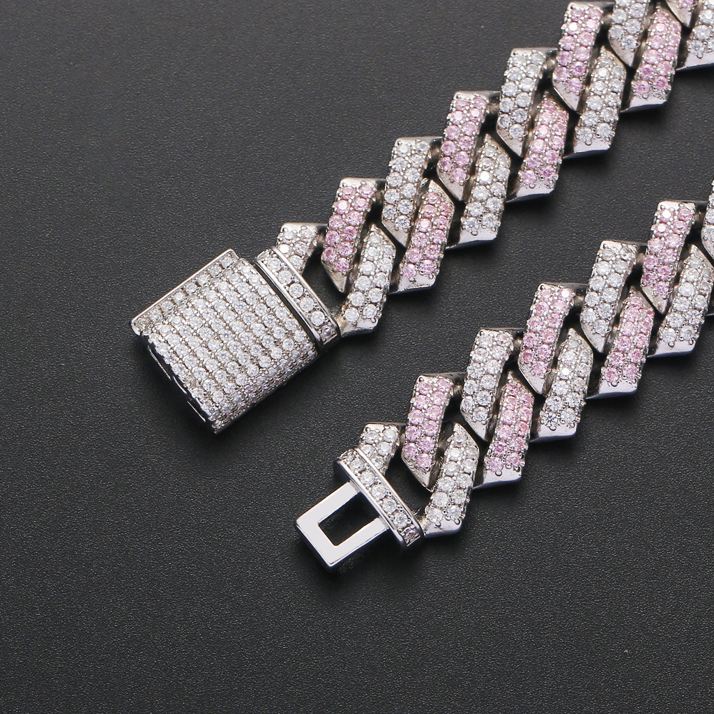 14mm Iced Out Pink White VVS Moissanite Bar Striped Cuban Link Bracelet Hip Hop Bling Trendy Statement Piece Pass the diamond tester