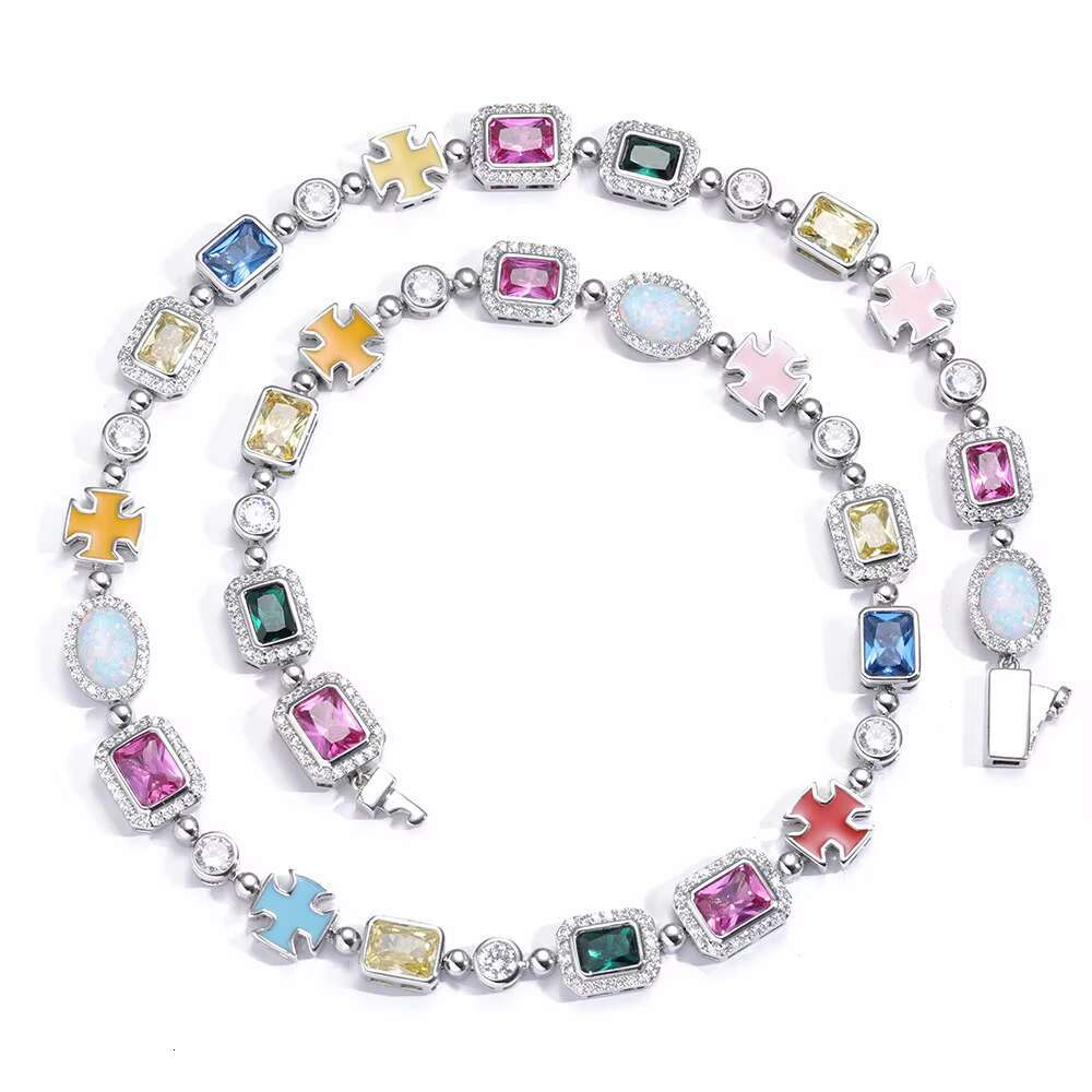 European American High-End Copper Material Necklace with Colored Gemstone Cross-Border Hip-Hop Style Wholesale for Men Women