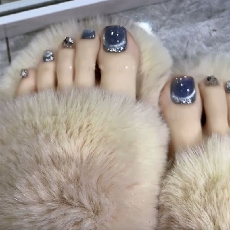 Toenail Patch Wearable Nail Art Blue Gray Crystal Cat's Eye Whitening Removable Summer Phototherapy Finished Fake Nails