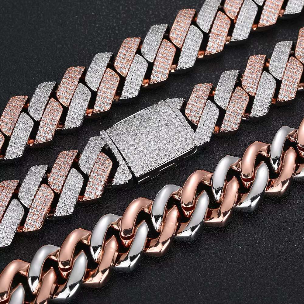 16mm Pink Silver Gold Plated Cuban Link Brass Chain Hip Hop Iced Out Diamond Bracelet Necklace Fine Jewelry for Men and Women