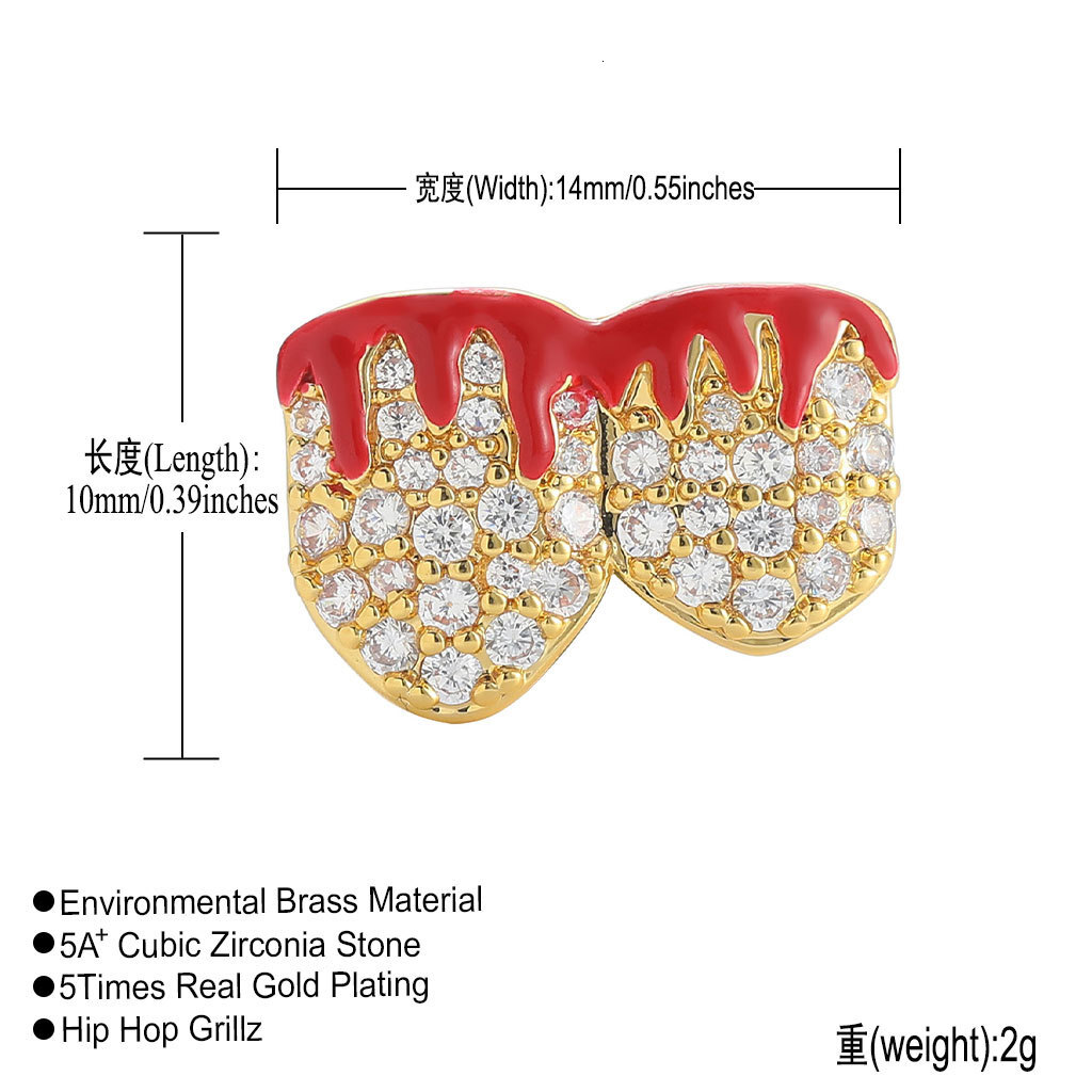 New Arrival 2-teeth Flame Pattern Diamond-encrusted Gold Grillz Halloween Hot Trendy Full-iced Luxury Tooth Accessories