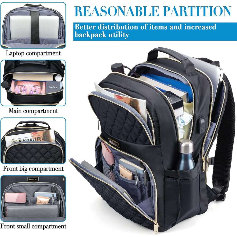 Kuosdaz Backpacks Women, Teen Girls, 15.6 Inch Cute Quilted Laptop Backpack with USB Charging, Large Bookbag for Middle School College Students, Black