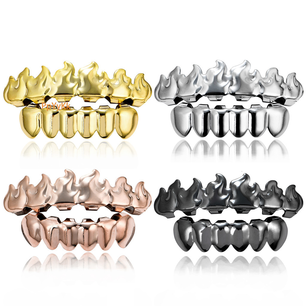 18K Gold Hip Hop Flame Iced Out Grillz Vampire Fangs Halloween Body Accessory Rapper Costume Accessories