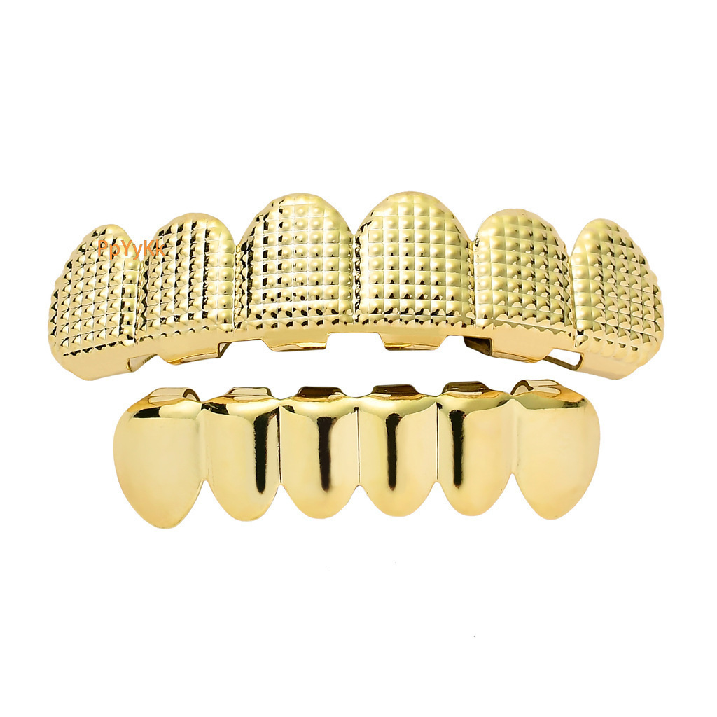 New Arrival 18K Gold Plated Hip Hop Grillz with Embossed Grid Texture - High Quality Fashion Statement Gold Tooth Rapper Costume Accessories