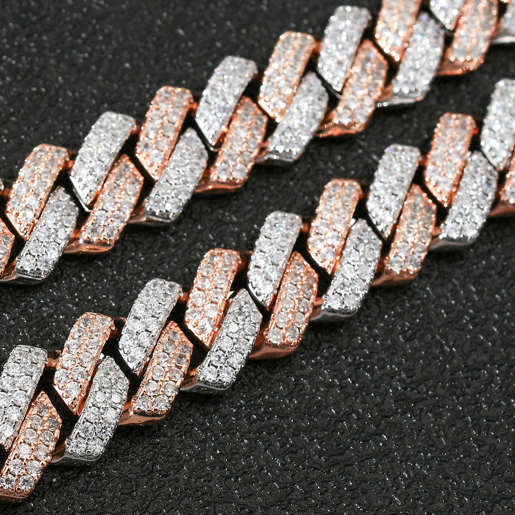14MM Bar Dense Cuban Chain Two-Tone Moissanite Real Gold Electroplated Men's Iced Out Bracelet Passes the Diamond Tester