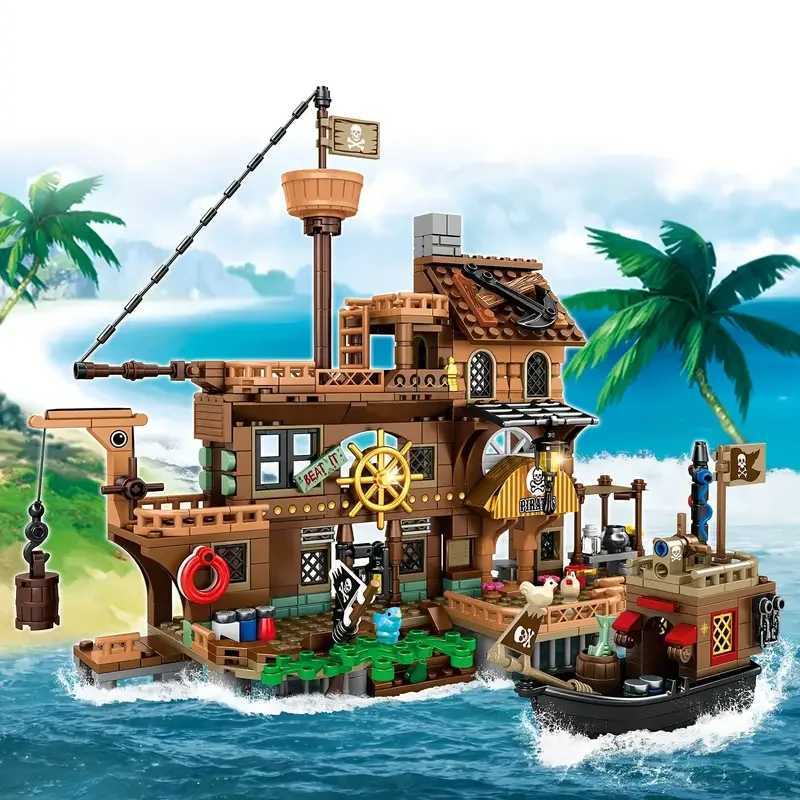 Creative Medieval Pirate Island Fortress Castle Building Blocks Adventure Ship Log Cabin Model Boat Assemble Bricks Toy Kid Gift Y250627