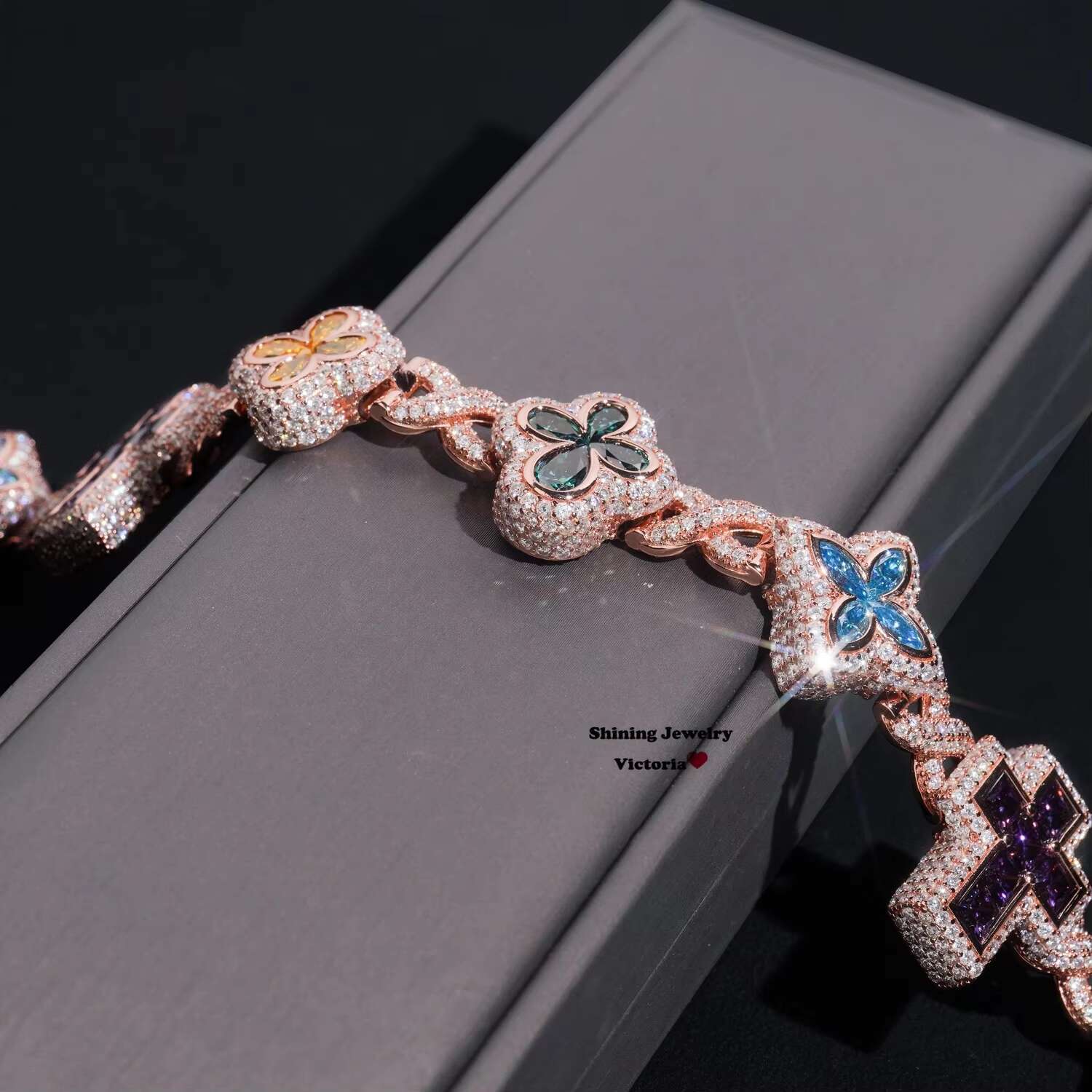 Rose Gold Plated Solid Silver Clover Cross Charm Link Men Bracelet With Color Moissanite Diamond 18MM Width