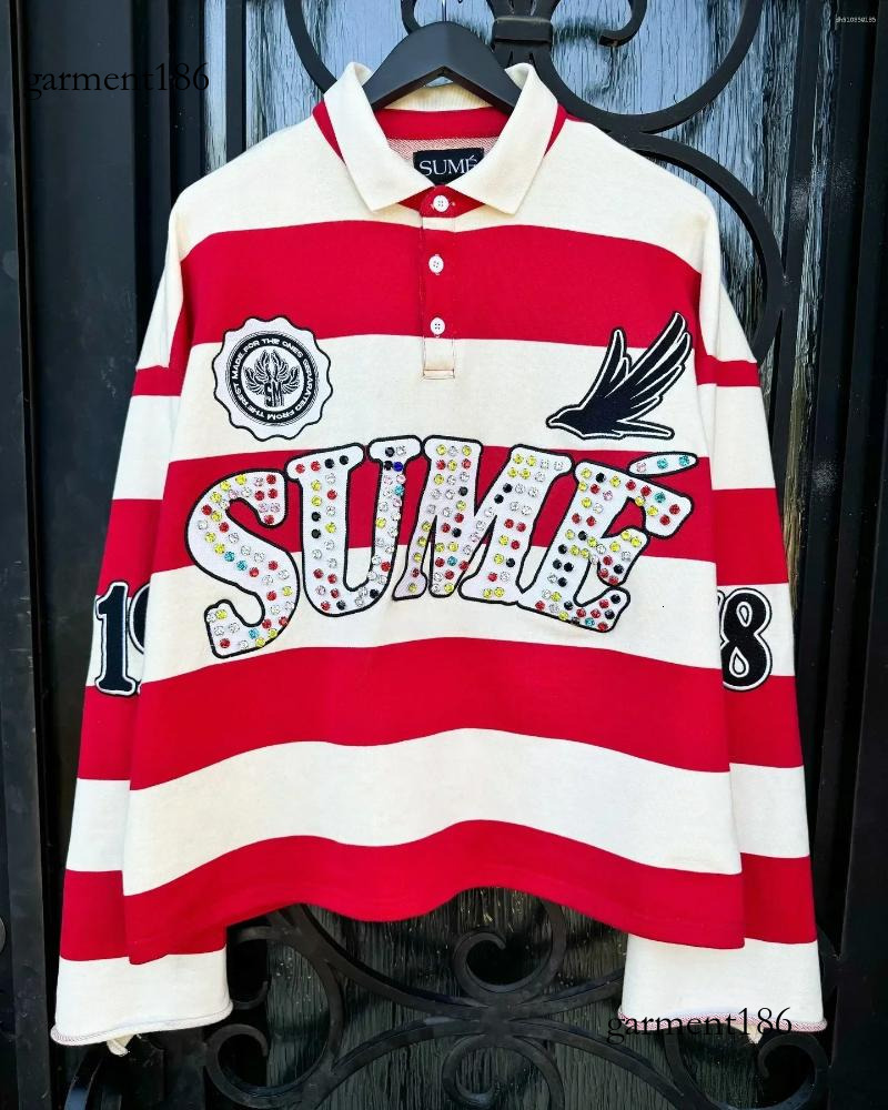 Men's T Shirts Haruku Top SUME Text Rhie Print Long Sleeved Shirt Style Retro Striped Hip-hop Street Collar be1