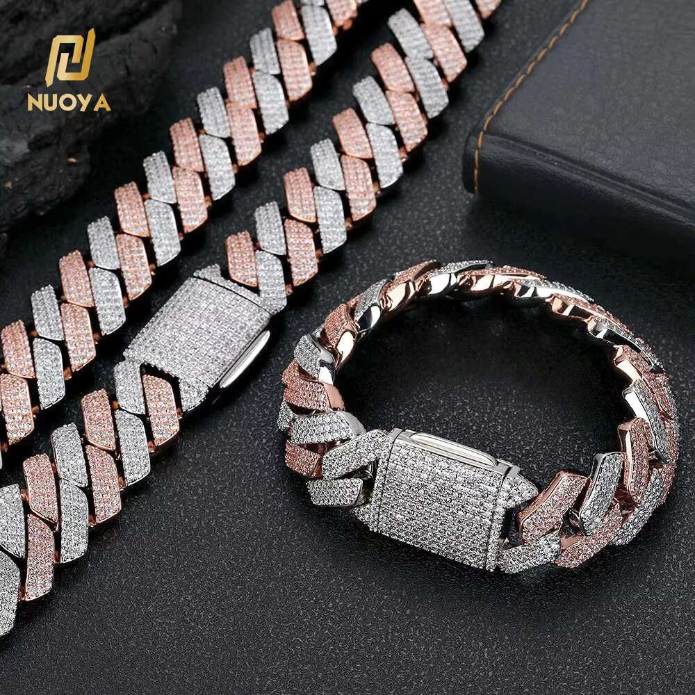 16mm Pink Silver Gold Plated Cuban Link Brass Chain Hip Hop Iced Out Diamond Bracelet Necklace Fine Jewelry for Men and Women