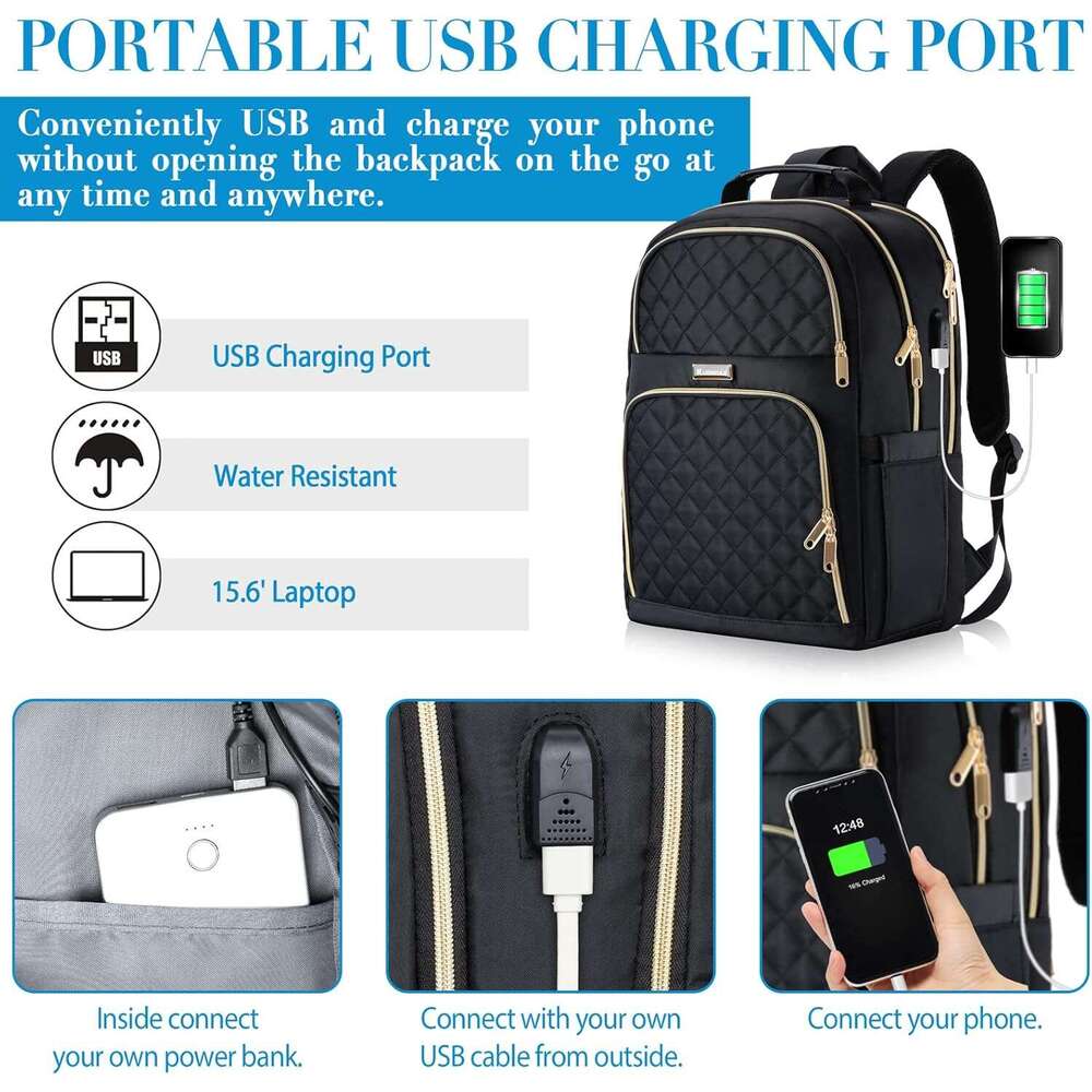 Kuosdaz Backpacks Women, Teen Girls, 15.6 Inch Cute Quilted Laptop Backpack with USB Charging, Large Bookbag for Middle School College Students, Black