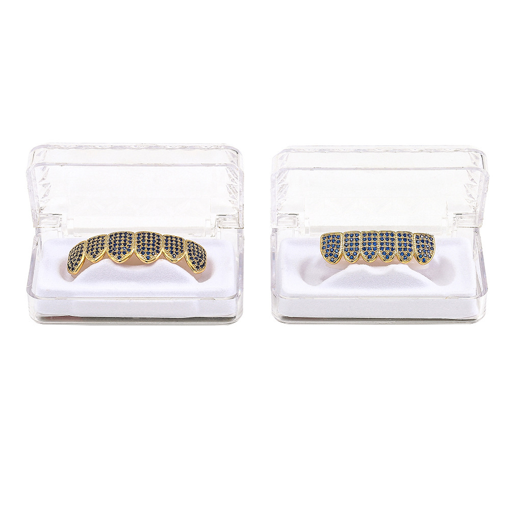 Halloween Hip Hop 18k Gold Plated Blue Moissanite Iced Out Grillz Bling Personalized Teeth Accessories Rapper Costume Accessories Pass the diamond tes