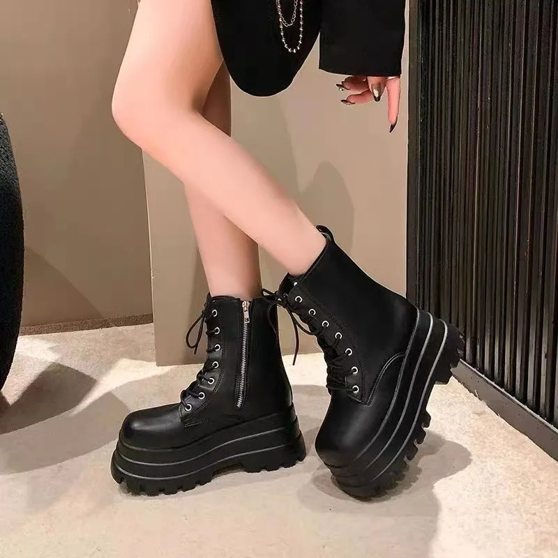 Chunky Platform Black Ankle Boots Women Shoes Spring Autumn Pu Leather Booties Mujer Punk Thick Bottom Motorcycle Boots 250625