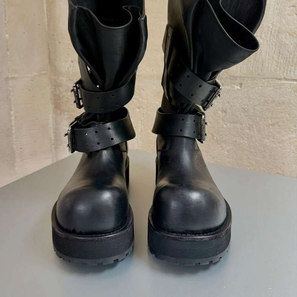 Bajia Belt Buckle Venom 2025 Spring Summer New Style Drawstring Large Tube Thick Sole Height Increasing Punk Motorcycle Boots