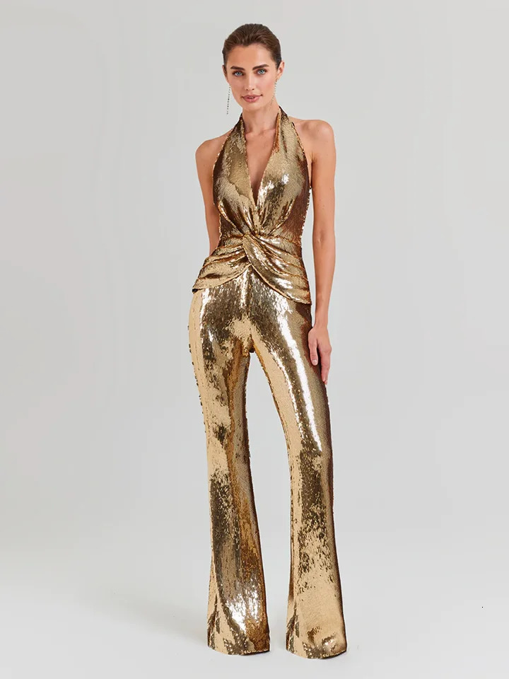 Womens Sleeveless Gold Sequin Jumpsuit Sexy V Neck Sparkle Sequined High Waist Wide Leg Pants Jumpsuit Celebrity Evening Party 250624