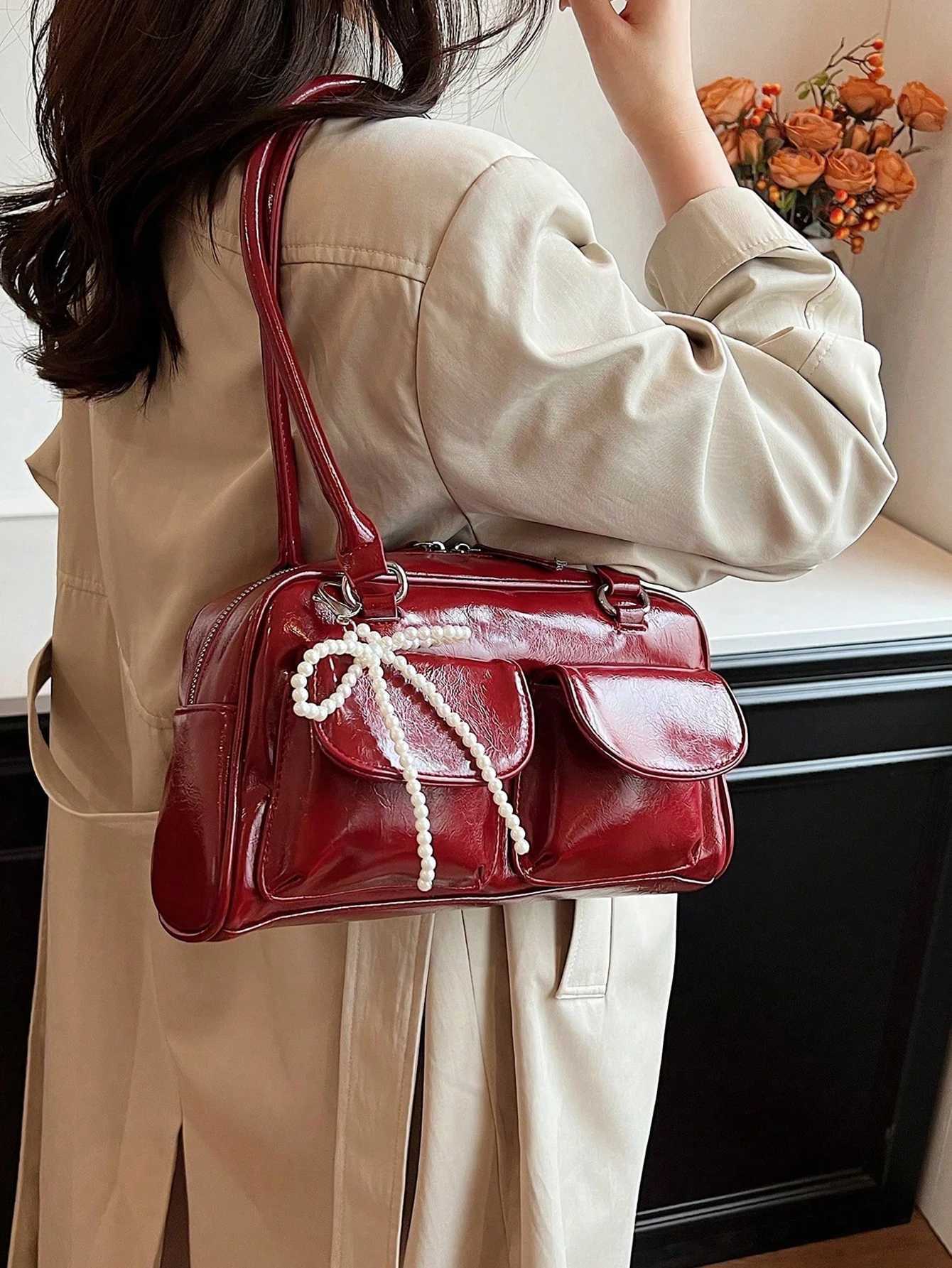 New fashion classic all-match solid color PU waterproof fabric womens handbag beaded bow decoration design large capacity shoulder bag XJ250627