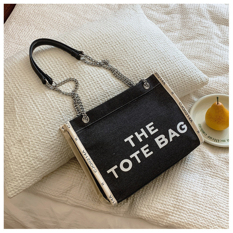 Cross-border foreign trade 2025 Spring New Fashion letter print large-capacity denim canvas tote bag commuting chain 0001