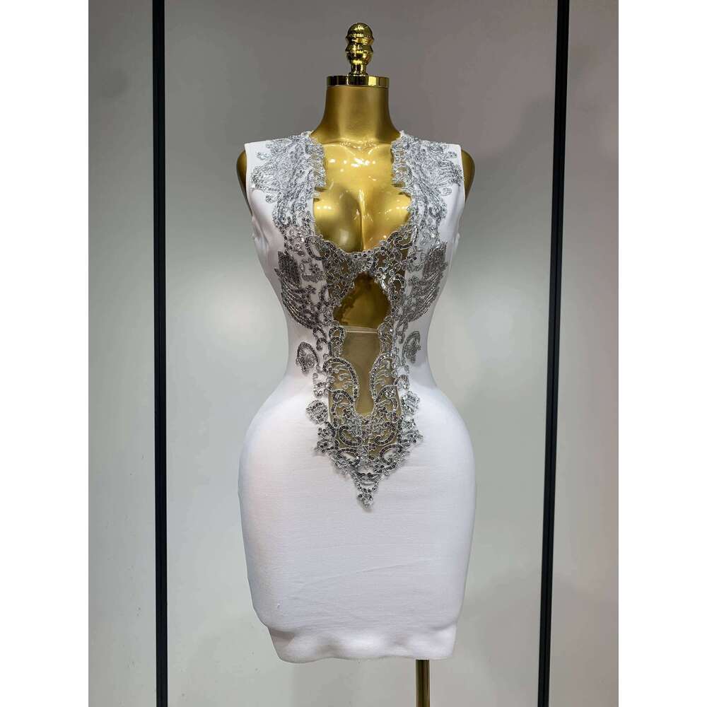 Women 2025 Sexy V Neck Cut Out Short Bandage Dress Sier Sequin White Elegant Birthday Party Club Wedding Vestidos
