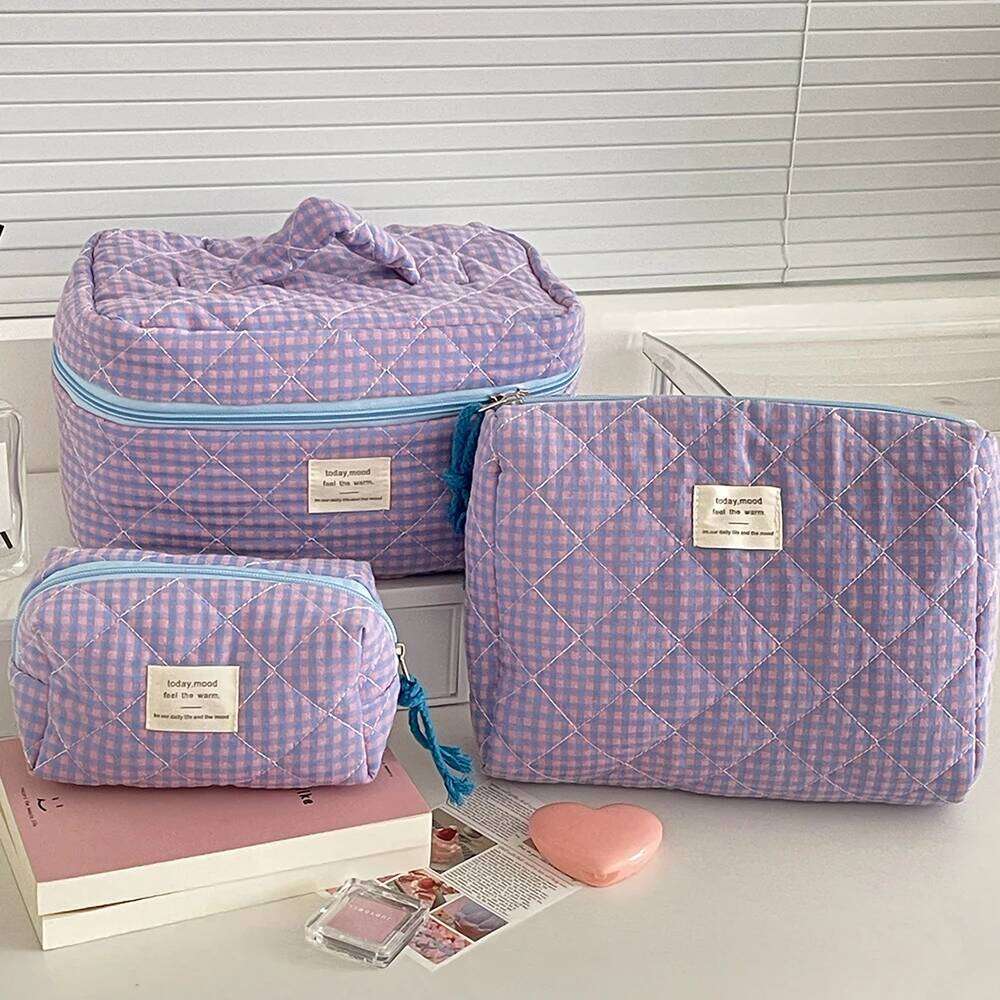 3 Bags Set Fashion Women Classic Cosmetic Large Capacity Toiletry Makeup Organizer Pouch Ladies Zipper Quilted Bag